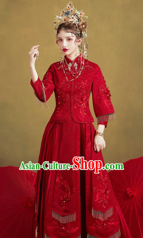 Chinese Traditional Embroidered Wedding Purplish Red Xiu He Suit Blouse and Dress Ancient Bride Costumes for Women