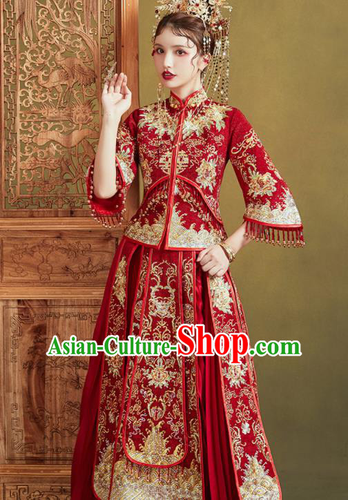 Chinese Traditional Embroidered Golden Peony Wedding Xiu He Suit Blouse and Dress Ancient Bride Costumes for Women