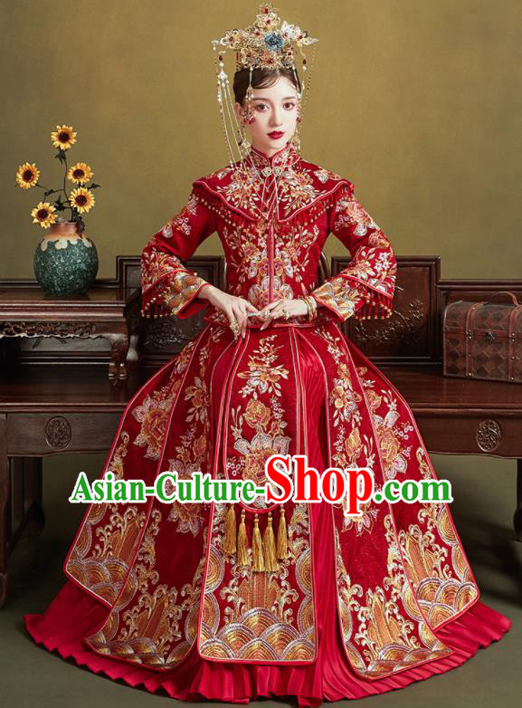 Chinese Traditional Embroidered Red Peony Wedding Xiu He Suit Blouse and Dress Ancient Bride Costumes for Women