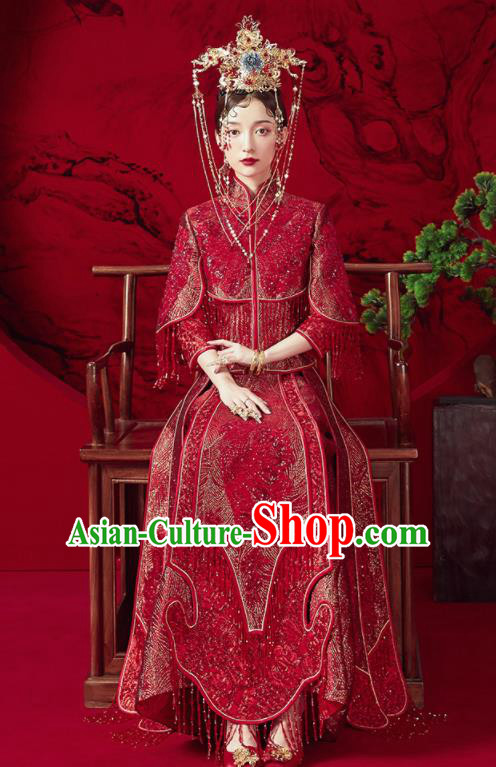 Chinese Traditional Red Tassel Wedding Xiu He Suit Blouse and Dress Ancient Bride Costumes for Women