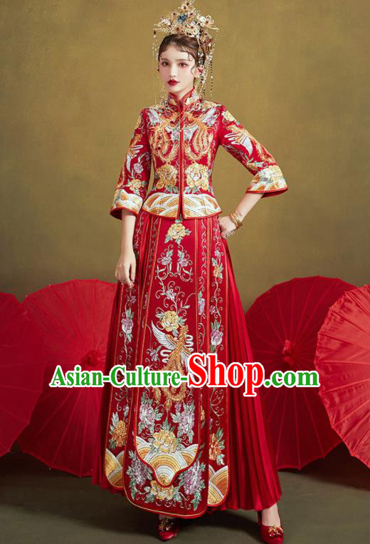 Chinese Traditional Wedding Embroidered Phoenix Peony Red Xiu He Suit Blouse and Dress Ancient Bride Costumes for Women