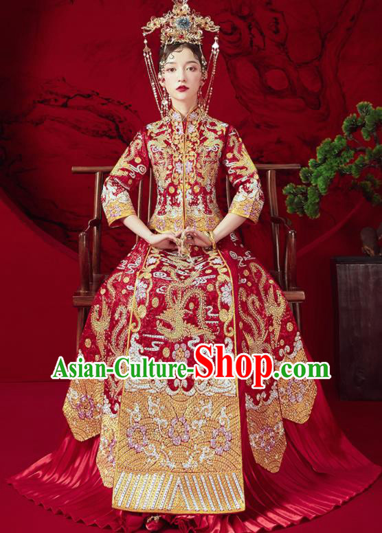 Chinese Traditional Wedding Embroidered Phoenix Plum Red Xiu He Suit Blouse and Dress Ancient Bride Costumes for Women