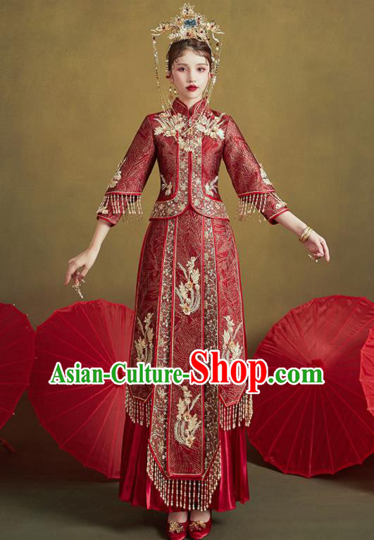 Chinese Traditional Wedding Embroidered Purplish Red Xiu He Suit Blouse and Dress Ancient Bride Costumes for Women