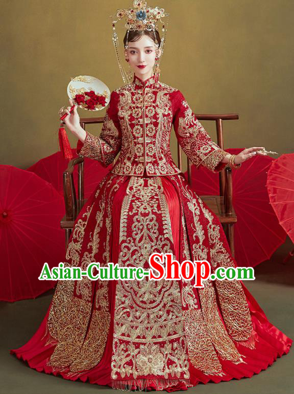 Chinese Traditional Wedding Embroidered Xiu He Suit Blouse and Dress Ancient Bride Costumes for Women