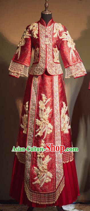 Chinese Traditional Embroidered Phoenix Wedding Xiu He Suit Red Blouse and Dress Ancient Bride Costumes for Women