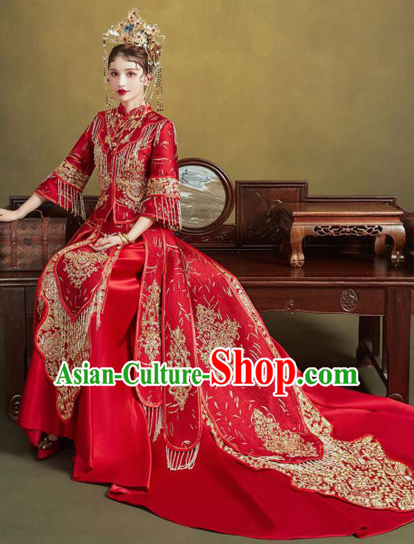 Chinese Traditional Wedding Embroidered Trailing Xiu He Suit Blouse and Dress Ancient Bride Costumes for Women