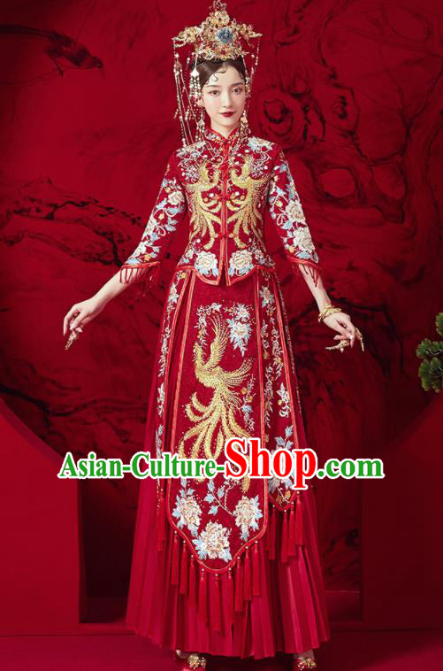 Chinese Traditional Wedding Embroidered Phoenix Peony Xiu He Suit Blouse and Dress Ancient Bride Costumes for Women