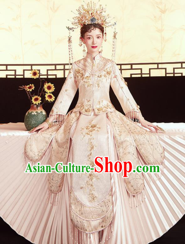 Chinese Traditional Wedding Embroidered Champagne Xiu He Suit Blouse and Dress Ancient Bride Costumes for Women