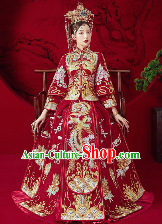 Chinese Traditional Wedding Embroidered Phoenix Xiu He Suit Blouse and Dress Ancient Bride Costumes for Women