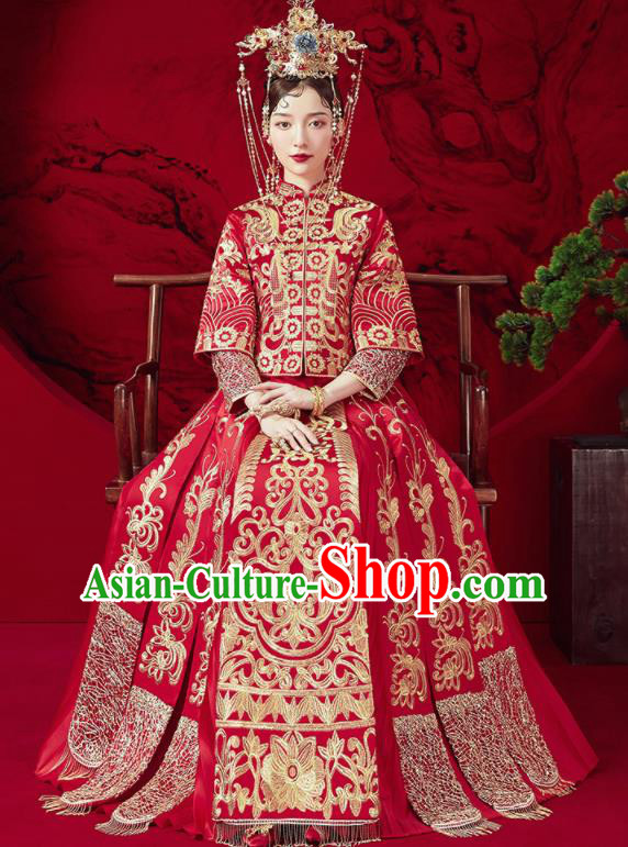 Chinese Traditional Wedding Xiu He Suit Embroidered Blouse and Dress Ancient Bride Costumes for Women