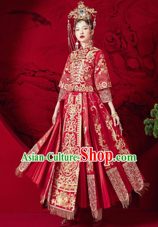 Chinese Traditional Wedding Xiu He Suit Embroidered Blouse and Dress Ancient Bride Costumes for Women