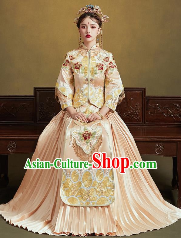 Chinese Traditional Wedding Light Golden Xiu He Suit Embroidered Peony Blouse and Dress Ancient Bride Costumes for Women