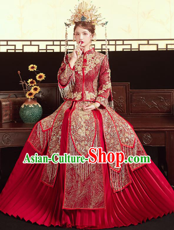 Chinese Traditional Wedding Xiu He Suit Embroidered Red Blouse and Dress Ancient Bride Costumes for Women