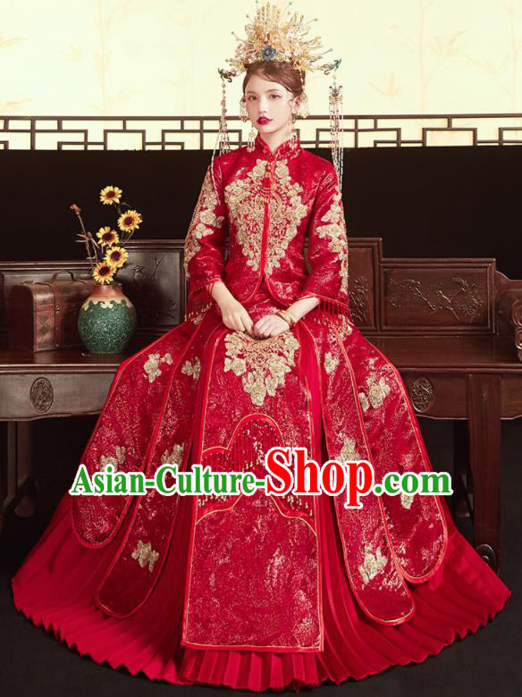 Chinese Traditional Wedding Bottom Drawer Xiu He Suit Embroidered Red Blouse and Dress Ancient Bride Costumes for Women