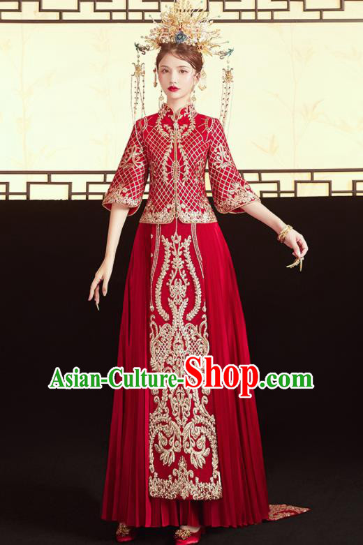 Chinese Traditional Wedding Bottom Drawer Trailing Xiu He Suit Embroidered Red Blouse and Dress Ancient Bride Costumes for Women