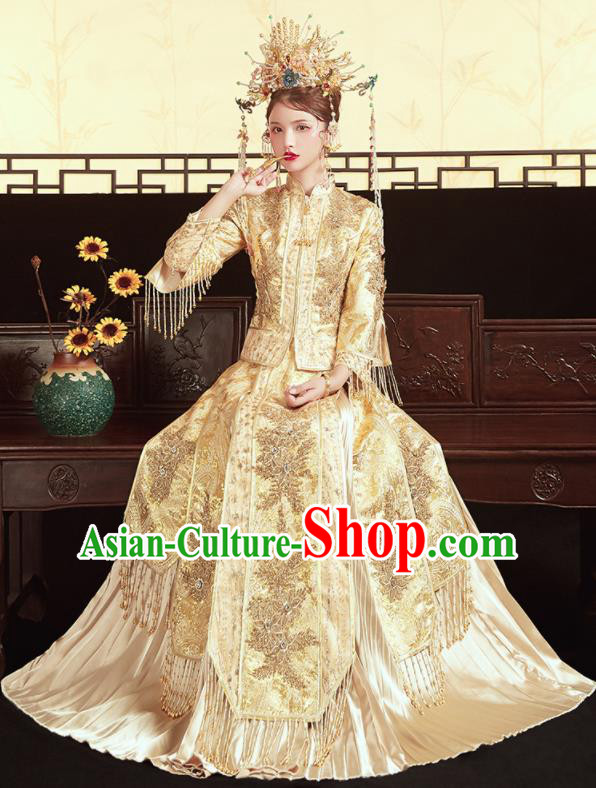 Chinese Traditional Wedding Bottom Drawer Golden Xiu He Suit Embroidered Red Blouse and Dress Ancient Bride Costumes for Women