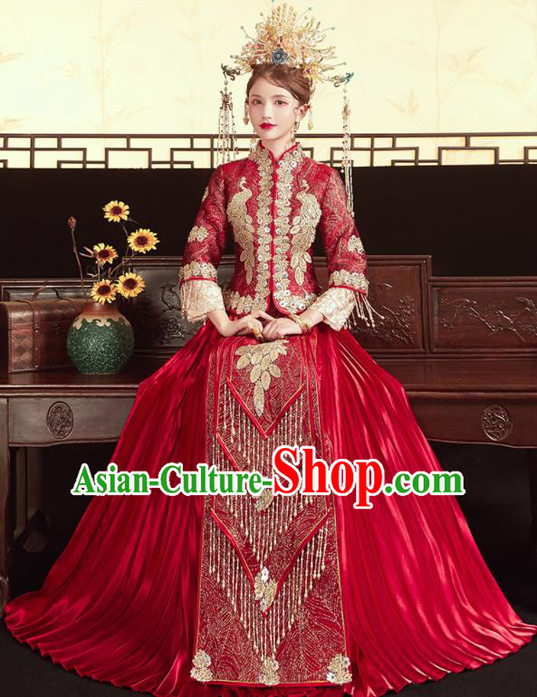 Chinese Traditional Wedding Red Bottom Drawer Xiu He Suit Embroidered Peacock Blouse and Dress Ancient Bride Costumes for Women