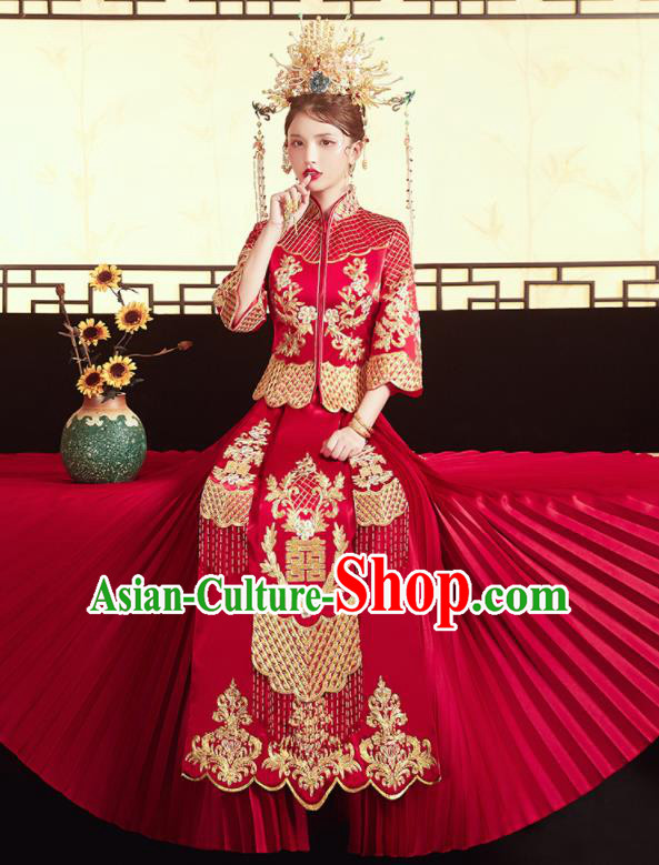 Chinese Traditional Wedding Red Bottom Drawer Xiu He Suit Embroidered Blouse and Dress Ancient Bride Costumes for Women