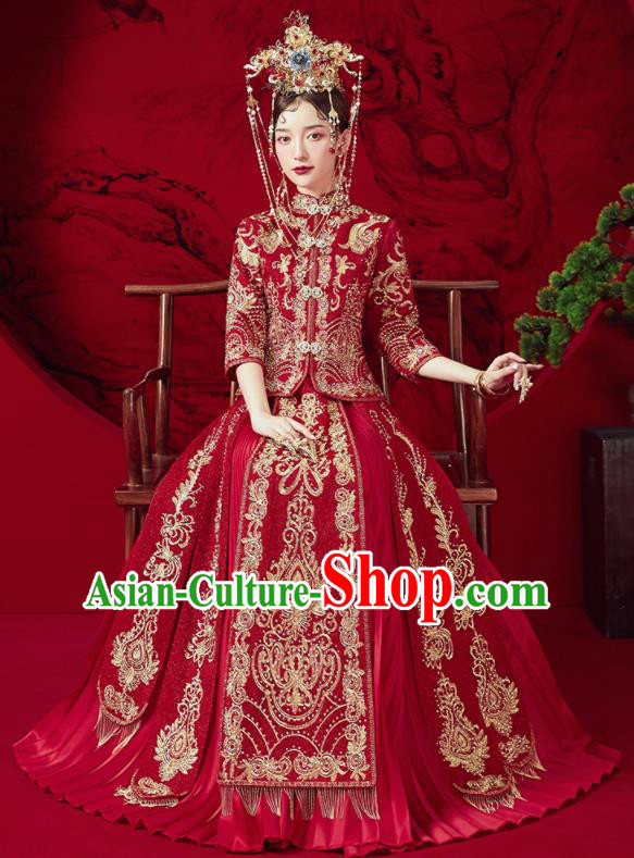 Chinese Traditional Embroidered Blouse and Dress Wedding Red Bottom Drawer Xiu He Suit Ancient Bride Costumes for Women