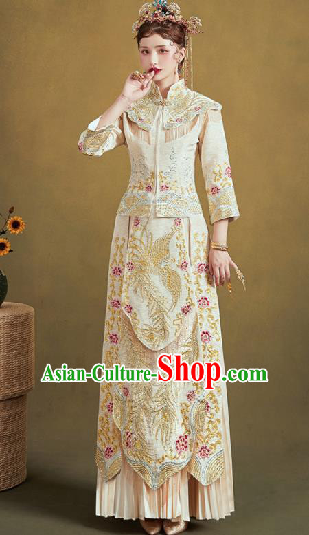 Chinese Traditional Embroidered Phoenix Beige Blouse and Dress Wedding Bottom Drawer Xiu He Suit Ancient Bride Costumes for Women