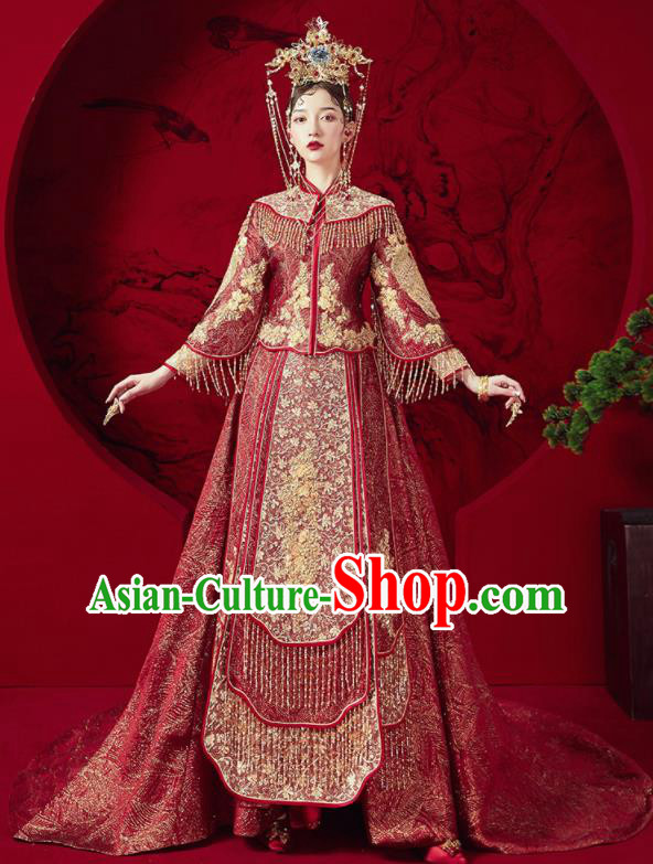 Chinese Traditional Wedding Red Trailing Xiu He Suit Embroidered Blouse and Dress Ancient Bride Costumes for Women