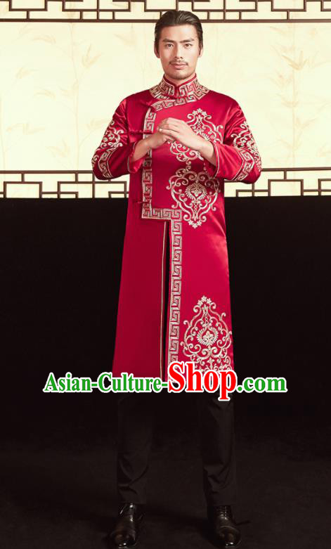 Chinese Ancient Bridegroom Embroidered Red Mandarin Jacket and Pants Traditional Wedding Tang Suit Costumes for Men