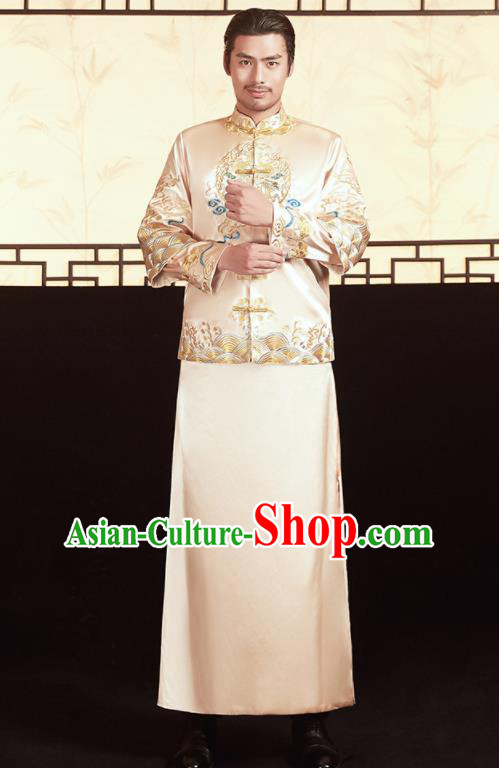 Chinese Ancient Bridegroom Embroidered Light Golden Mandarin Jacket and Long Gown Traditional Wedding Tang Suit Costumes for Men