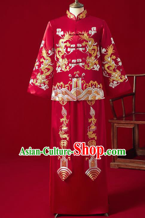 Chinese Ancient Bridegroom Embroidered Dragon Red Mandarin Jacket and Long Gown Traditional Wedding Tang Suit Costumes for Men