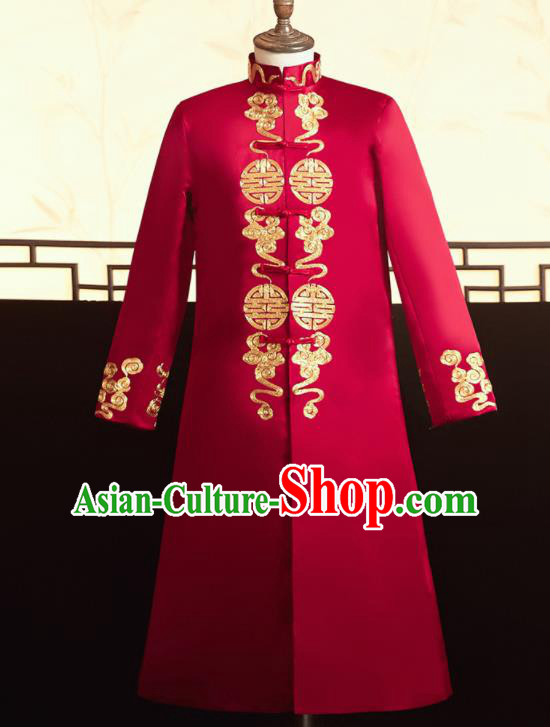 Chinese Ancient Bridegroom Embroidered Cloud Red Mandarin Jacket Traditional Wedding Tang Suit Costumes for Men