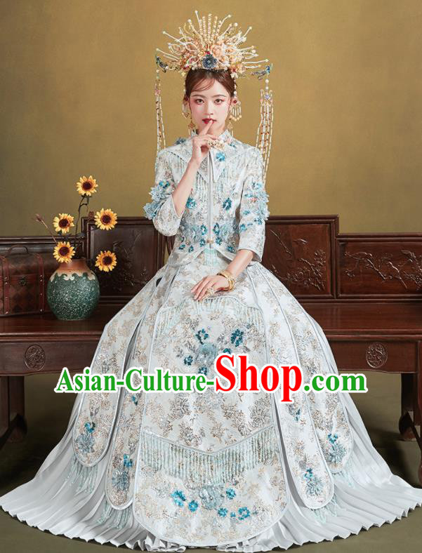 Chinese Traditional Wedding White Xiu He Suit Embroidered Blouse and Dress Ancient Bride Costumes for Women