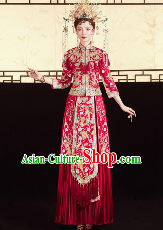 Chinese Traditional Embroidered Red Tassel Blouse and Dress Wedding Bottom Drawer Xiu He Suit Ancient Bride Costumes for Women