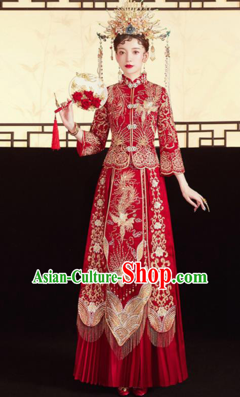 Chinese Traditional Embroidered Phoenix Red Blouse and Dress Wedding Bottom Drawer Xiu He Suit Ancient Bride Costumes for Women