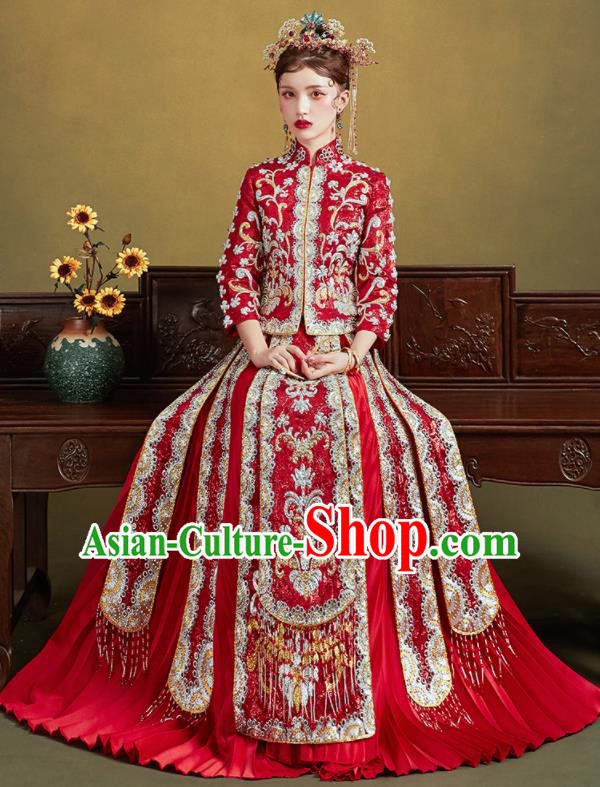 Chinese Traditional Embroidered Drilling Red Blouse and Dress Wedding Bottom Drawer Xiu He Suit Ancient Bride Costumes for Women