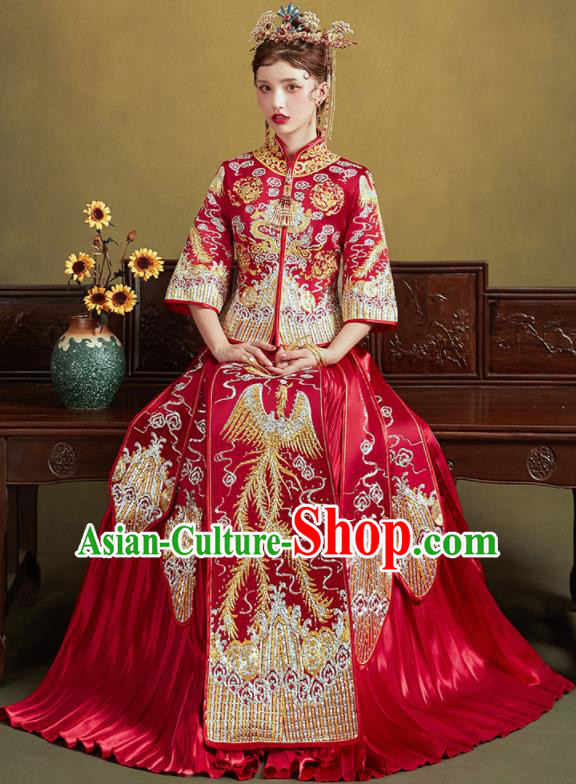 Chinese Traditional Embroidered Phoenix Red Blouse and Dress Wedding Bottom Drawer Xiu He Suit Ancient Bride Costumes for Women