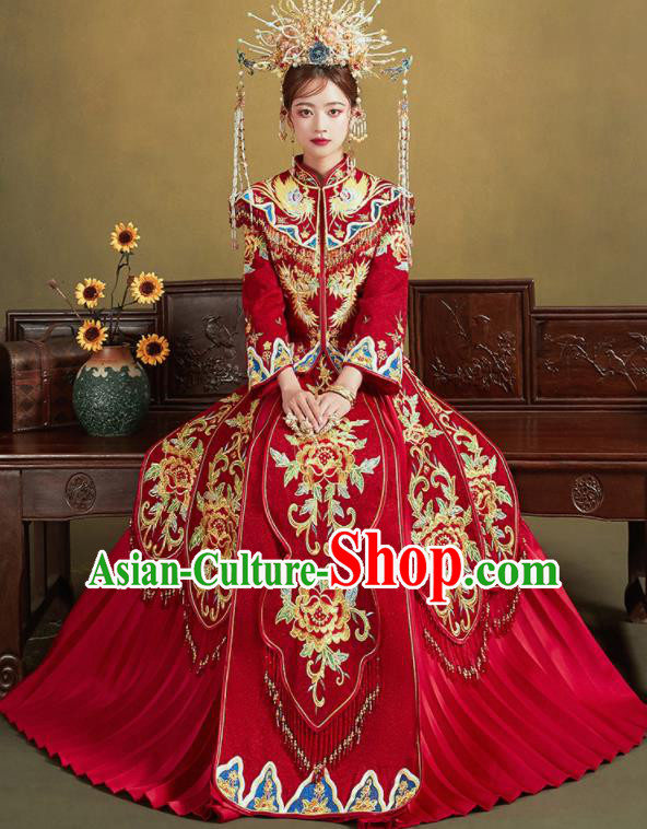 Chinese Traditional Wedding Red Xiu He Suit Embroidered Peony Blouse and Dress Ancient Bride Costumes for Women