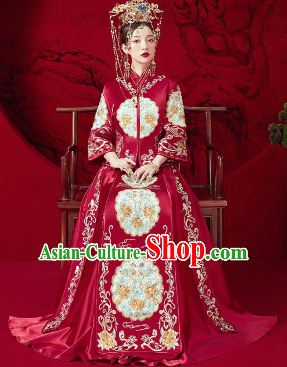 Chinese Traditional Wedding Embroidered Blouse and Dress Red Bottom Drawer Xiu He Suit Ancient Bride Costumes for Women