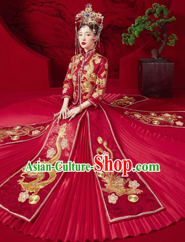 Chinese Traditional Wedding Embroidered Dragon Phoenix Blouse and Dress Red Bottom Drawer Xiu He Suit Ancient Bride Costumes for Women