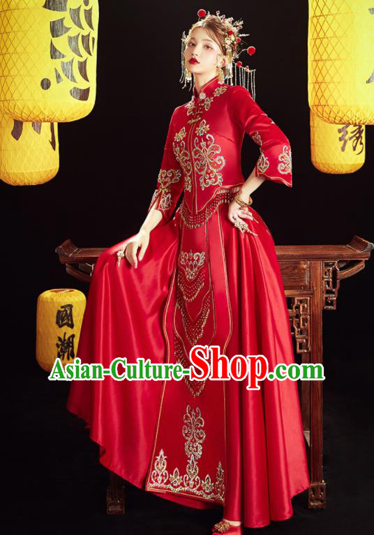 Chinese Traditional Wedding Embroidered Drilling Blouse and Dress Red Bottom Drawer Xiu He Suit Ancient Bride Costumes for Women