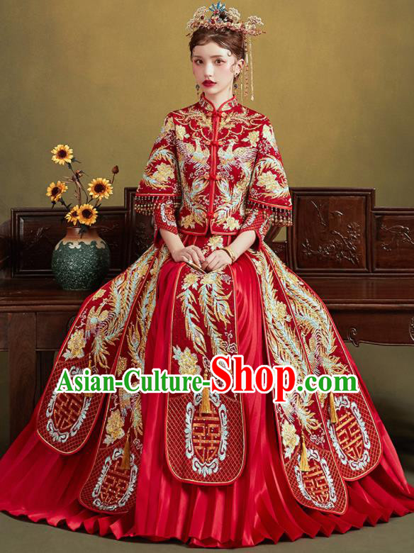 Chinese Traditional Wedding Red Xiu He Suit Embroidered Phoenix Blouse and Dress Ancient Bride Costumes for Women
