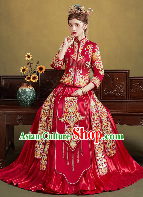 Chinese Traditional Wedding Red Slim Xiu He Suit Embroidered Blouse and Dress Ancient Bride Costumes for Women