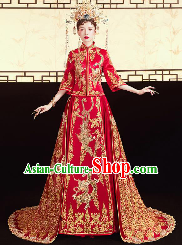 Chinese Traditional Wedding Red Xiu He Suit Embroidered Dragon Phoenix Blouse and Dress Ancient Bride Costumes for Women