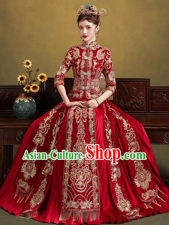 Chinese Traditional Wedding Drilling Embroidered Blouse and Dress Red Bottom Drawer Xiu He Suit Ancient Bride Costumes for Women