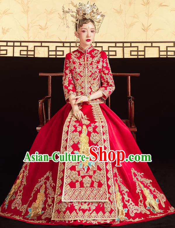 Chinese Traditional Red Bottom Drawer Wedding Embroidered Blouse and Dress Xiu He Suit Ancient Bride Costumes for Women