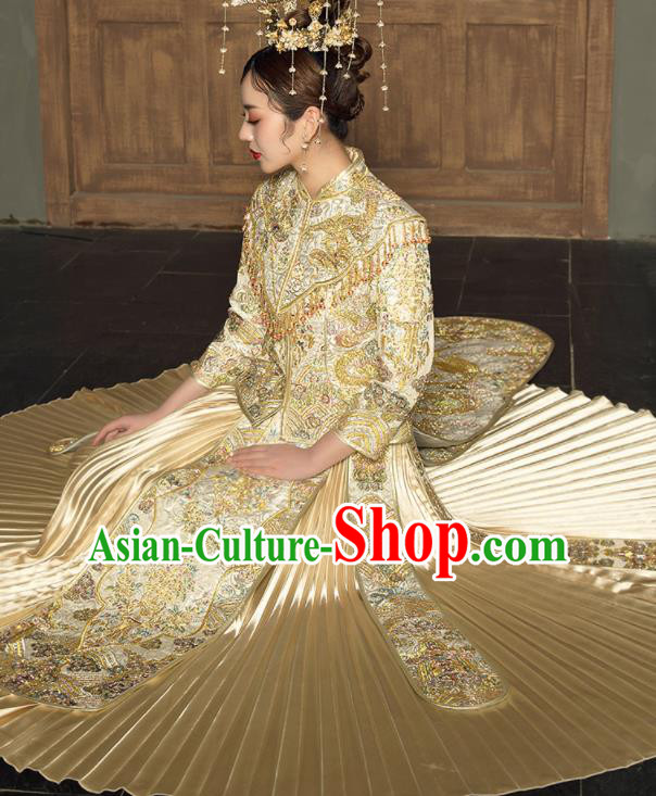 Chinese Traditional Wedding Embroidered Dragon Golden Blouse and Dress Xiu He Suit Bottom Drawer Ancient Bride Costumes for Women