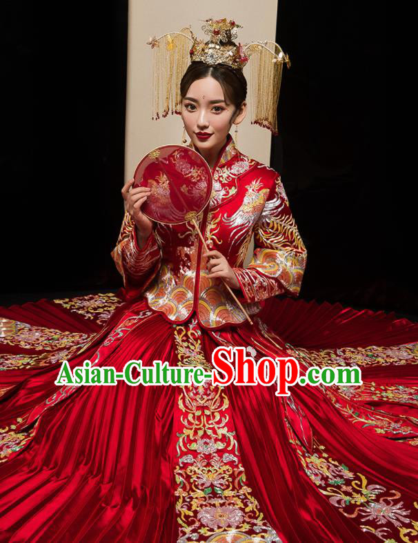 Chinese Traditional Wedding Embroidered Flowers Red Blouse and Dress Xiu He Suit Bottom Drawer Ancient Bride Costumes for Women