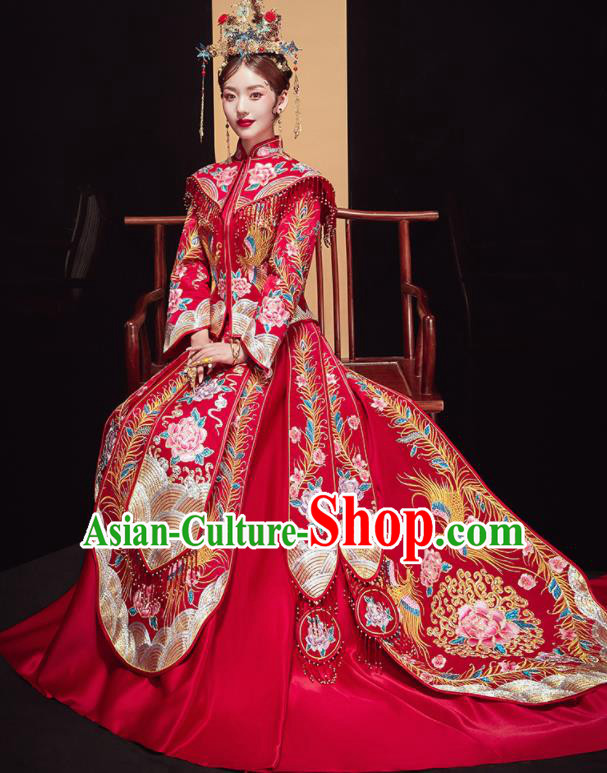 Chinese Traditional Wedding Embroidered Phoenix Peony Red Blouse and Dress Xiu He Suit Bottom Drawer Ancient Bride Costumes for Women