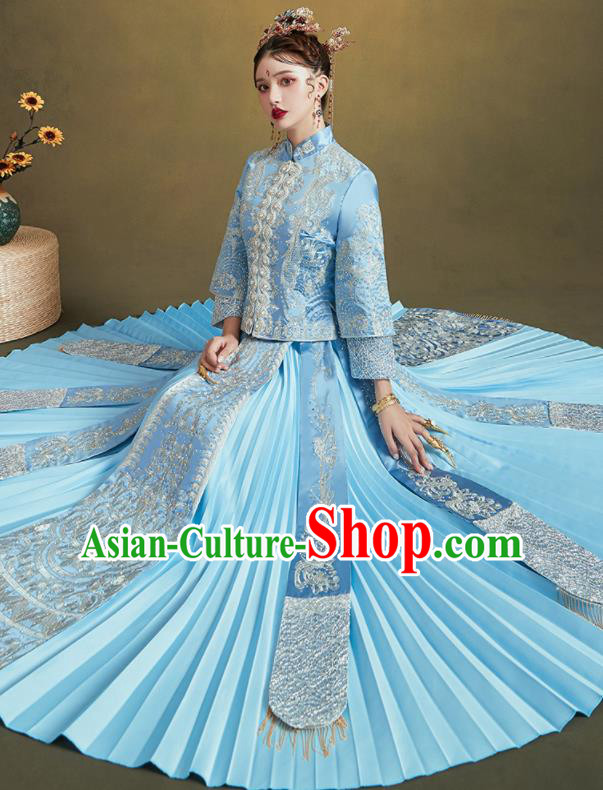 Chinese Traditional Embroidered Blue Bottom Drawer Wedding Blouse and Dress Xiu He Suit Ancient Bride Costumes for Women