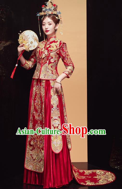 Chinese Traditional Wedding Embroidered Dragon Red Blouse and Dress Xiu He Suit Bottom Drawer Ancient Bride Costumes for Women