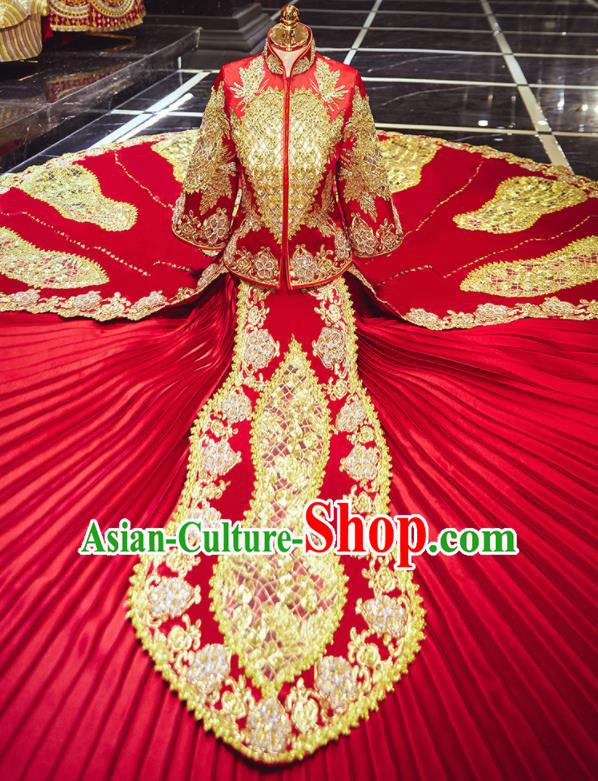 Chinese Traditional Wedding Embroidered Red Blouse and Dress Xiu He Suit Bottom Drawer Ancient Bride Costumes for Women