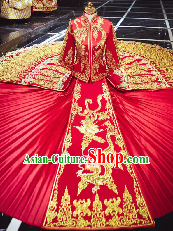 Chinese Traditional Wedding Embroidered Dragon Phoenix Red Blouse and Dress Xiu He Suit Bottom Drawer Ancient Bride Costumes for Women